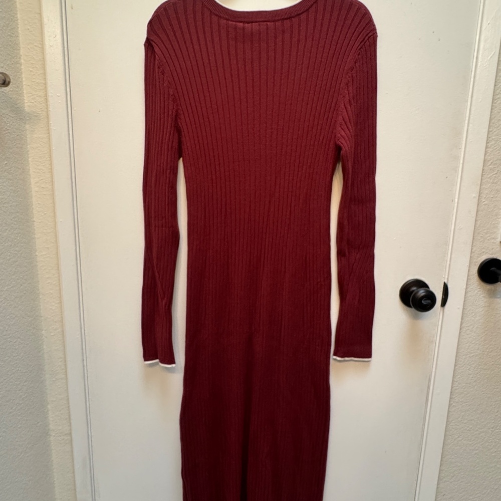 NWT Varley - Xander Long Sleeve Rib Knit Dress - Maroon & White - Large - Picture 7 of 8